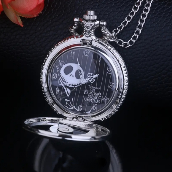 Nightmare Before Christmas Silver Quartz Jack Pocket Watch Pendant w/ 32" Chain - Picture 2 of 14